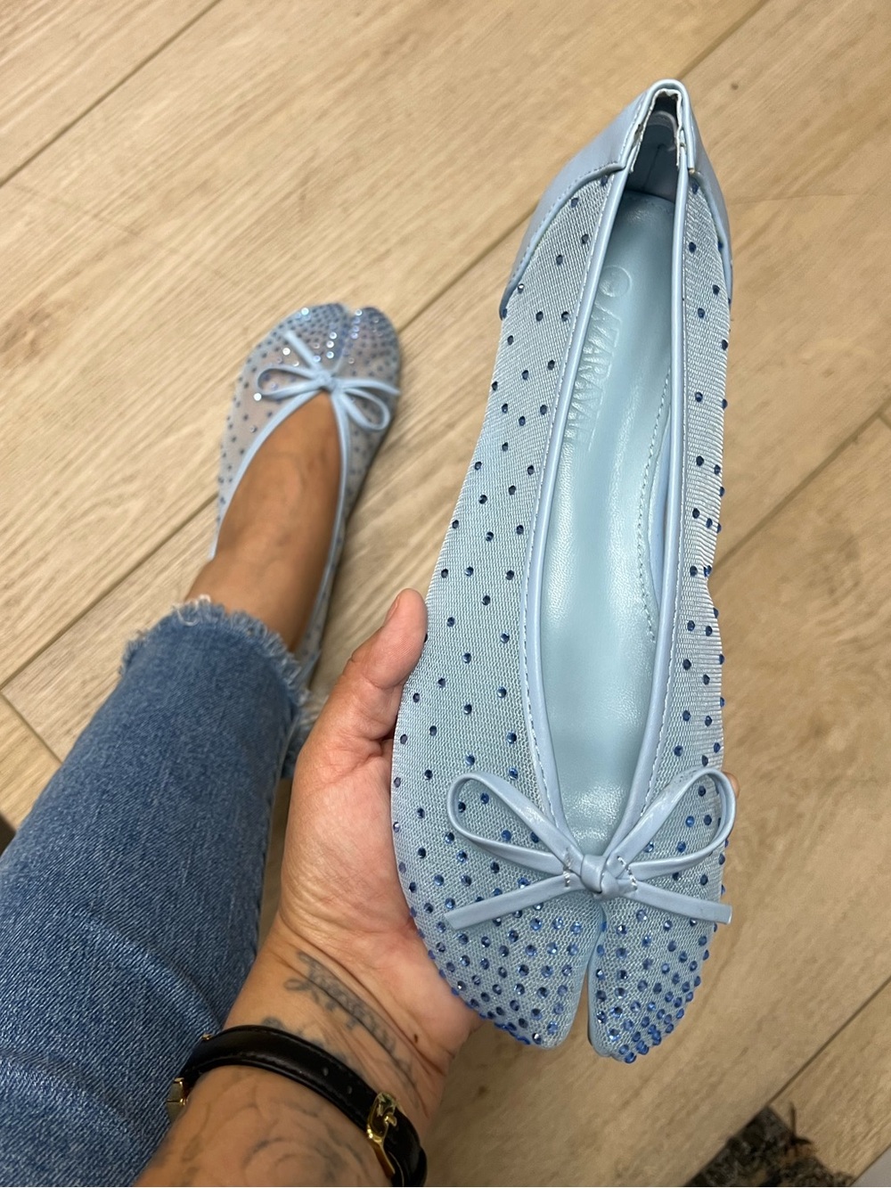 Baby Blue Mesh Tabi Bow with Rhinestone Accents Split Toe Tabis Flat
